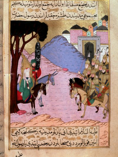 Der Prophet Muhammad versucht, die Mekkaner zu überzeugen, in Medina auf die Ankunft der feindlichen Armeen der Qurayshiten zu warten, Miniatur aus 