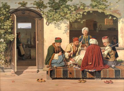 Eine Gruppe von Schachspielern vor einem türkischen Kaffeehaus und Friseursalon von Martinus Rørbye