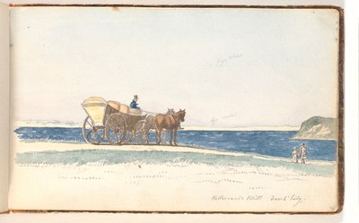 Ein Pferdewagen, der auf einer Düne nahe dem Wasser hält; zwei Menschen gehen auf den Wagen zu von Martinus Rørbye