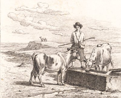 Ein Hirtenjunge an einem Wassertrog. Illustration zu Chr. Winther "Fünfundzwanzig Bilder für kleine Kinder" von Martinus Rørbye