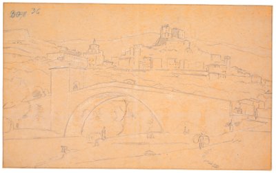 Italienische Landschaft mit einer Brücke über einen Fluss und der Stadt Subiaco im Hintergrund von Martinus Rørbye