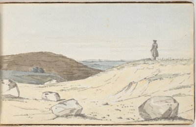 Aussicht über eine Heide- oder Dünenlandschaft. Im Vordergrund einige große Hügel; auf einem von ihnen steht ein Mann und schaut über die Ebene von Martinus Rørbye