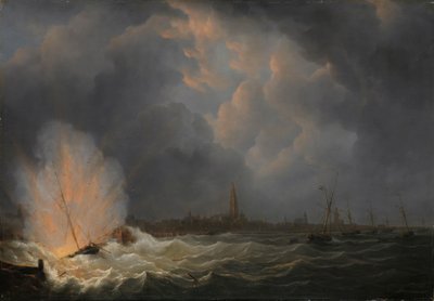 Die Explosion des Kanonenbootes Nr. 2 unter dem Kommando von Jan van Speijk vor Antwerpen, 5. Februar 1831 von Martinus Schouman