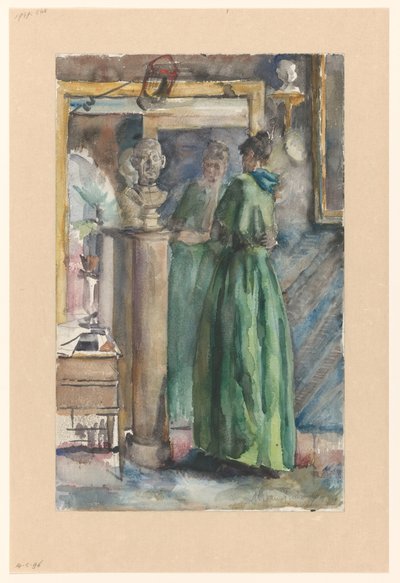 Dame im grünen Kleid vor einem Spiegel stehend von Martinus van Andringa