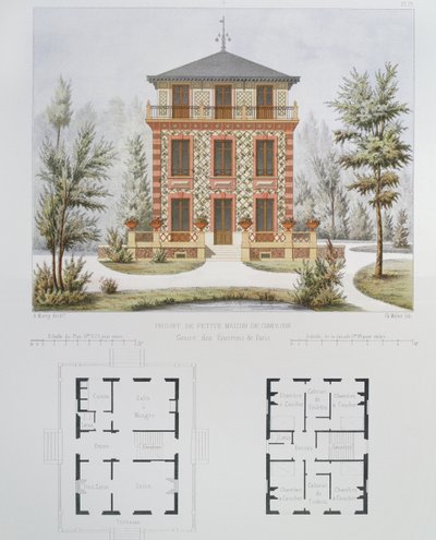 Projekt für ein kleines Landhaus in der Nähe von Paris, graviert von Walter, Tafel 18 aus Architecture Pittoresque et Moderne von Marty