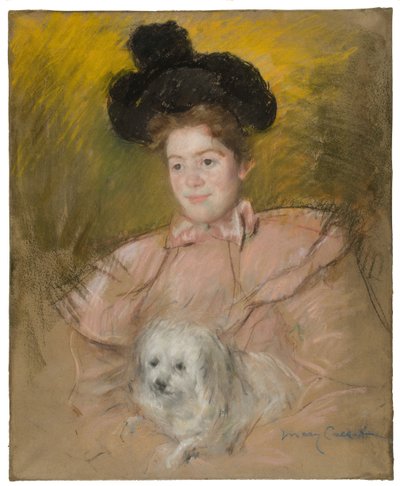 Frau im Himbeerkostüm mit einem Hund, ca. 1901 von Mary Cassatt