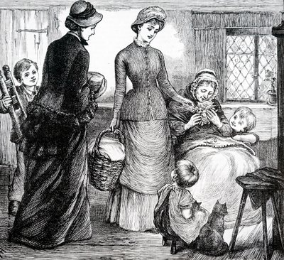 Eine Frau, die einem armen Häusler Geschenke gibt. Von Mary Ellen Edwards (1838-1934), eine englische Künstlerin von Mary Ellen Edwards