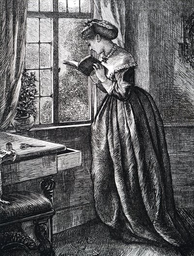 Eine junge Frau liest an einem offenen Fenster. von Mary Ellen Edwards