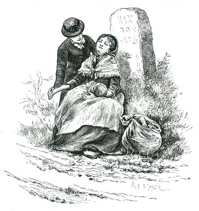 Eine mittellose, unverheiratete Mutter wird erschöpft auf dem Weg zum Armenhaus mit ihrem Baby gefunden. Szene erinnert an einen Roman von Thomas Hardy, aber nicht ungewöhnlich in ländlichen Gebieten im ganzen Land. Illustration von Mary Ellen Edwards ca.  von Mary Ellen Edwards