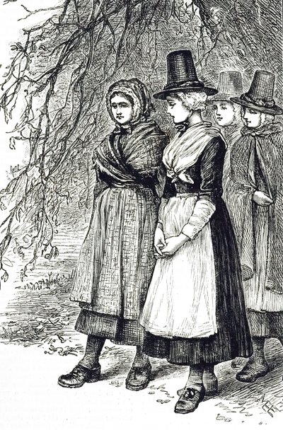 Eine Gravur, die walisische Mädchen auf einem Hollantide-Markt, einem Einstellungsmarkt, darstellt, die darauf warten, als Hausangestellte engagiert zu werden. Illustriert von Mary Ellen Edwards (1838-1934), einer englischen Künstlerin und Illustratorin vo von Mary Ellen Edwards