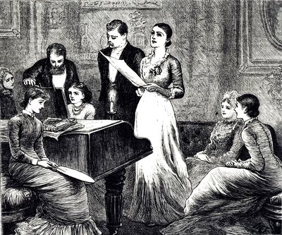 Eine Gravur, die einen musikalischen Abend darstellt. Illustriert von Mary Ellen Edwards (1838-1934), einer englischen Künstlerin und Illustratorin von Kinderbüchern von Mary Ellen Edwards