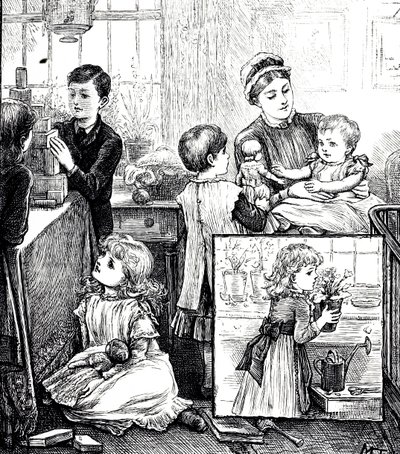 Eine Gravur, die eine reguläre Szene einer wohlhabenden viktorianischen Familie zeigt von Mary Ellen Edwards