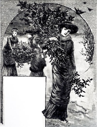Eine Gravur, die das Sammeln von Stechpalmen und Immergrün für die Weihnachtsdekoration darstellt. Illustriert von Mary Ellen Edwards (1838-1934), einer englischen Künstlerin und Illustratorin von Kinderbüchern von Mary Ellen Edwards