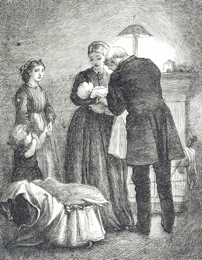 Gravur, die einen Arzt zeigt, der ein Baby mit Masern untersucht von Mary Ellen Edwards