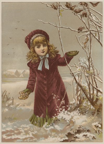 Mädchen bringt Brot, um Vögel im Schnee zu füttern von Mary Ellen Edwards