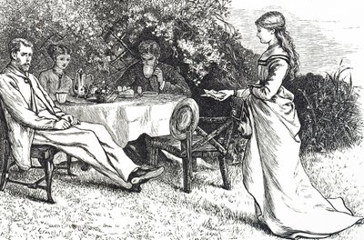 Illustration, die eine Familie beim Frühstück im Garten darstellt von Mary Ellen Edwards