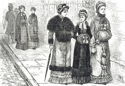 Illustration, die junge Frauen mit Muffen darstellt, um ihre Hände während des kälteren Wetters warm zu halten von Mary Ellen Edwards