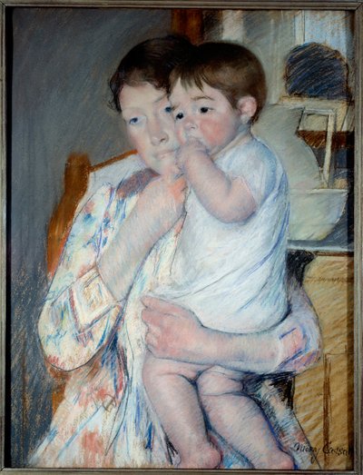 Frau und Kind vor einem Tisch, auf dem Marmelade und eine Schale stehen. Gemälde von Mary Cassatt (1844-1926) von Mary Stevenson Cassatt