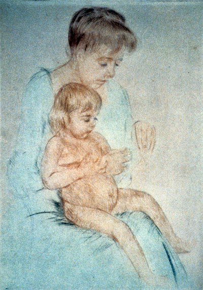 Frau hält ein kleines nacktes Kind auf dem Schoß und manikürt ihre Fingernägel, ca. 1904. Pastell. Mary Cassatt (1844-1926) amerikanische Malerin und Grafikerin, die ab 1866 hauptsächlich in Frankreich lebte. Häusliche Mutter Kind von Mary Stevenson Cassatt