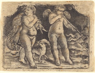 Amor trägt ein Geflügel, begleitet von einem Hund, und ein anderer Amor spielt Trompete von Maso Finiguerra