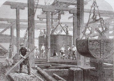 Ansicht der Bauarbeiten an der Blackfriars Bridge für die London, Chatham und Dover Railway, die das Versenken eines Zylinders für einen der runden Steinpfeiler zeigen von Mason Jackson