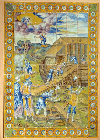 Der Bau der Arche Noah. Linkes Panel des Triptychons, das 3 Episoden der Sintflut darstellt. Keramik von Masseot Abaquesne von Masseot Abaquesne