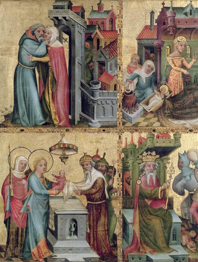 Treffen am Goldenen Tor und die Darstellung im Tempel, vom Buxtehude Altar, 1400-10 von Master Bertram of Minden
