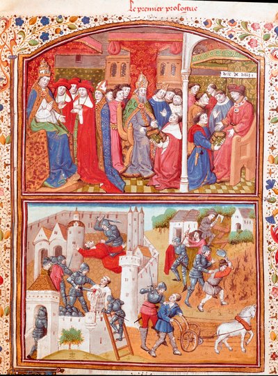 Prolog: Der Autor präsentiert sein Buch dem Herzog von Berry und Szene des Massakers an Pflügern. Miniatur aus „De casibus“ von Giovanni Boccaccio (1313-1375), italienischer Schriftsteller, übersetzt von Laurent de Premierfait von Master Dunois