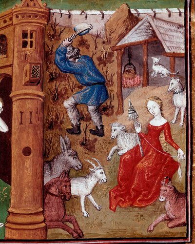 Darstellung von Adam, der die Erde bearbeitet, und Eva, die Wolle spinnt, nachdem sie aus dem Paradies vertrieben wurden. Miniatur aus „Des cas des nobles hommes et femmes infortunes“ (De casibus) von Giovanni Boccaccio, genannt Jean Boccace (1313-1375), I von Master Dunois