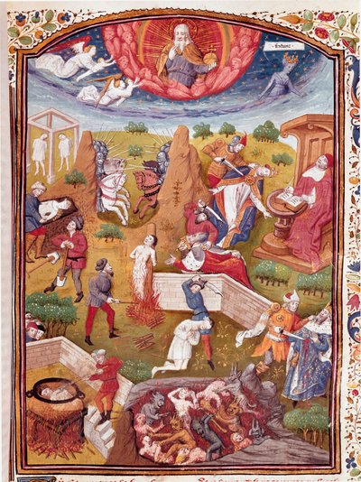 Vision von Boccaccio: Szene der Folter, des Hängens, des Massakers. Miniatur aus „De casibus virorum illustrium“ von Giovanni Boccaccio, genannt Jean Boccace (1313-1375), italienischer Schriftsteller, übersetzt von Laurent de Premierfait und illuminiert vo von Master Dunois