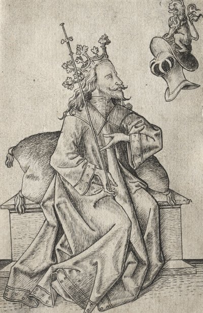 Die kleinen Spielkarten: Zweites Suit: Helme: Spielkarte mit König und Helm von Master E. S.