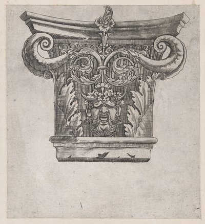 Speculum Romanae Magnificentiae: Kapitell mit Erbsenschoten-Voluten und Satyrkopf, ca. 1537 von Master GA