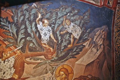 Der Einzug Christi in Jerusalem. Detail: Kinder schneiden Palmzweige, 14. Jahrhundert von Master Gerasime