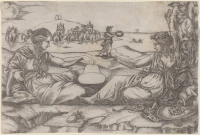 Zwei allegorische Figuren (Roma und Freiheit?) von Master IRs