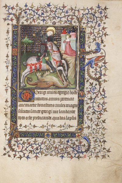 MS Widener 4 f.188r, St. Georg kämpft gegen den Drachen, aus einem Stundenbuch, Gebrauch von Rennes von Master Lucon