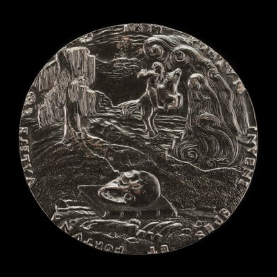 Buch, Schädel, Knochen und Reiter in Landschaft [Rückseite], 1526 von Master M.P.