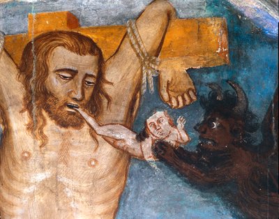 Der unbußfertige Dieb, gekreuzigt mit Jesus, seine Seele wird von einem Dämon aus seinem Mund gerissen (Fresko) von Master Trecentesco of Sacro Speco School