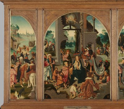 Triptychon mit Anbetung der Könige (Mitte und innere Flügel), Heiliger Antonius Abt (links, äußerer Flügel) und Heiliger Adrian (rechts, äußerer Flügel) von Master of Alkmaar (attributed to)