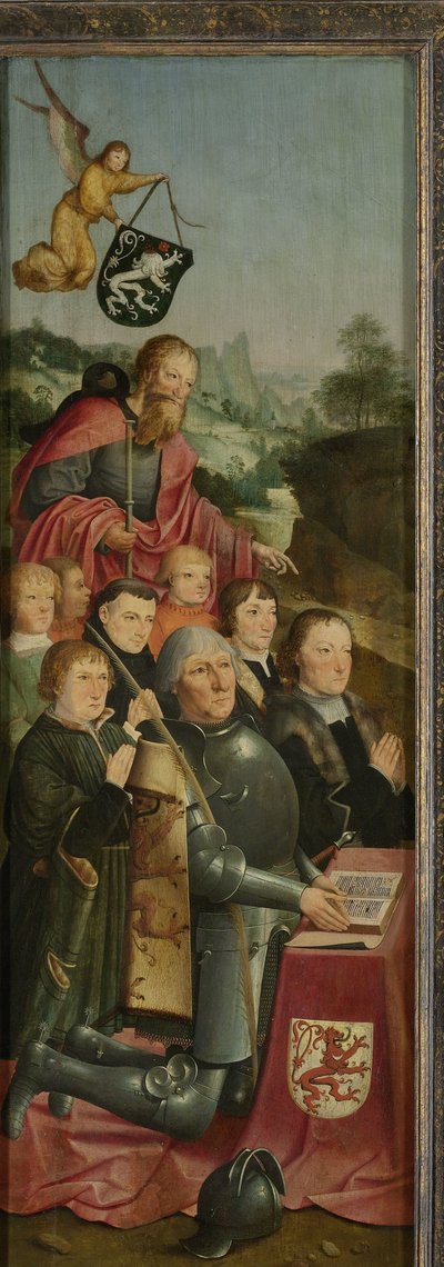 Gedenktafel mit acht männlichen Porträts, wahrscheinlich Willem Jelysz van Soutelande und Familie, mit dem heiligen Jakobus dem Älteren und dem Familienwappen von Van Soutelande, innere linke Flügel eines Altars von Master of Alkmaar