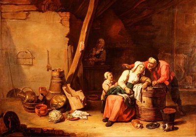 Eine Scheune mit einem Bauern, der eine alte Dame weckt von Master of Beguins