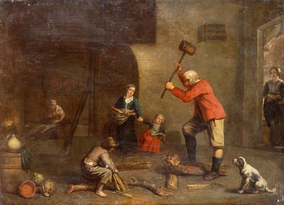 Eine Küche mit einem alten Mann, der Holz schneidet von Master of Beguins
