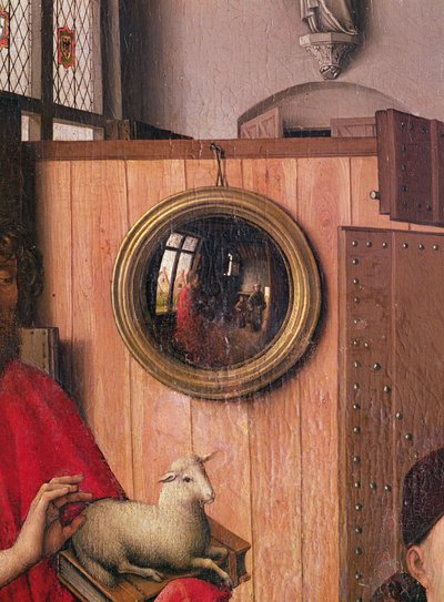 St. Johannes der Täufer und der Stifter, Heinrich von Werl, aus dem Werl-Altar, Detail des Spiegels, um 1438 von Master of Flémalle