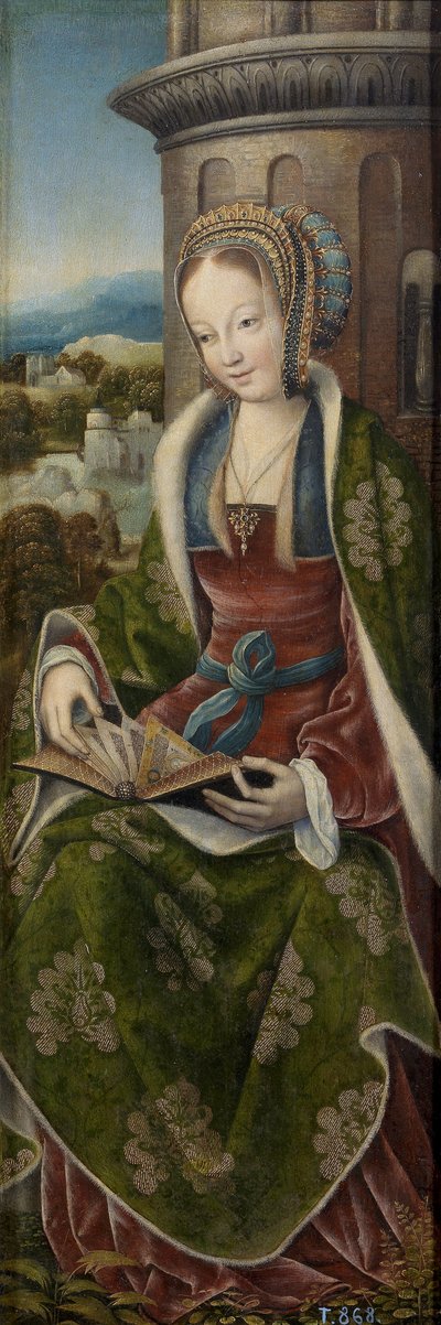 Triptychon der Heiligen Familie mit musizierenden Engeln. Rechtes Panel: Heilige Barbara von Master of Frankfurt