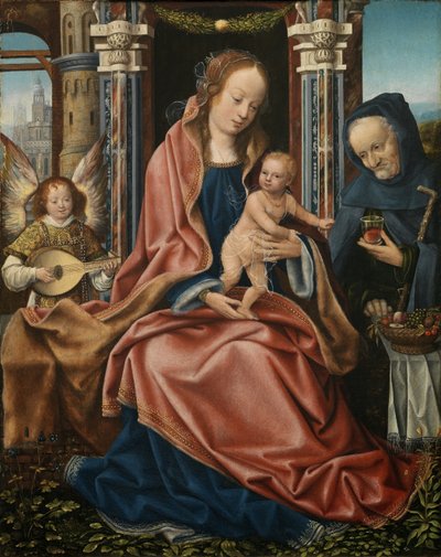 Triptychon der Heiligen Familie mit musizierenden Engeln. Mitteltafel von Master of Frankfurt