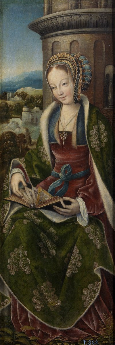 Triptychon der Heiligen Familie mit musizierenden Engeln. Rechtes Panel: Heilige Barbara, ca. 1510-1520 von Master of Frankfurt