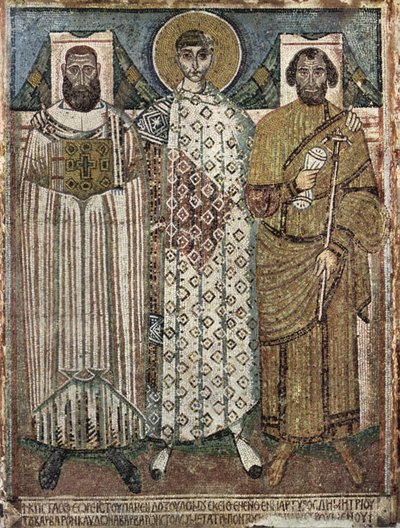 Heiliger Demetrius von Thessaloniki mit den Stiftern, 6.-7. Jahrhundert von Master of Hagios Demetrios