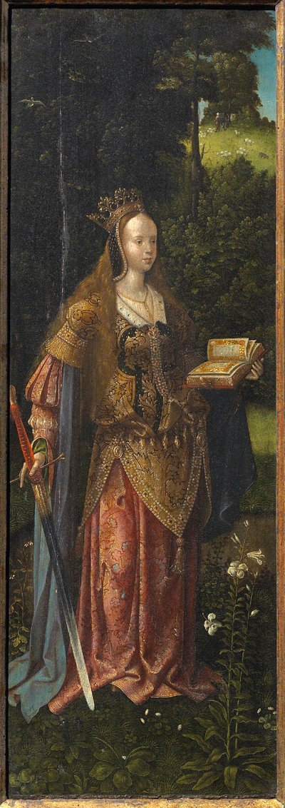 Heilige Katharina. Heilige Familie mit Engeln und den Heiligen Katharina und Barbara Triptychon, 16. Jahrhundert von Master of Hoogstraeten