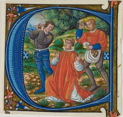 Die Steinigung des heiligen Stephanus in einem historisierten Initial "A" oder "C" aus einem Graduale von Master of Jacques de Besançon