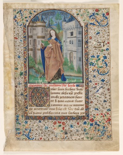 Blatt aus einem Stundenbuch: St. Barbara (2 von 2 ausgeschnittenen Blättern) von Master of Jacques de Luxembourg