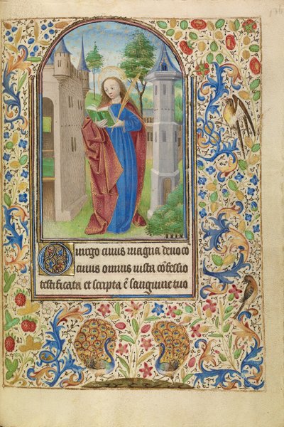 Heilige Barbara mit einem Buch und einer Märtyrerpalme vor einem Turm von Master of Jacques of Luxembourg